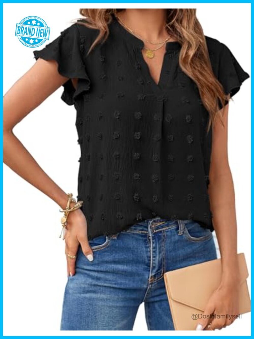 Womens Swiss Dot V Neck Ruffle Sleeve Blouse Casual Tunic Top